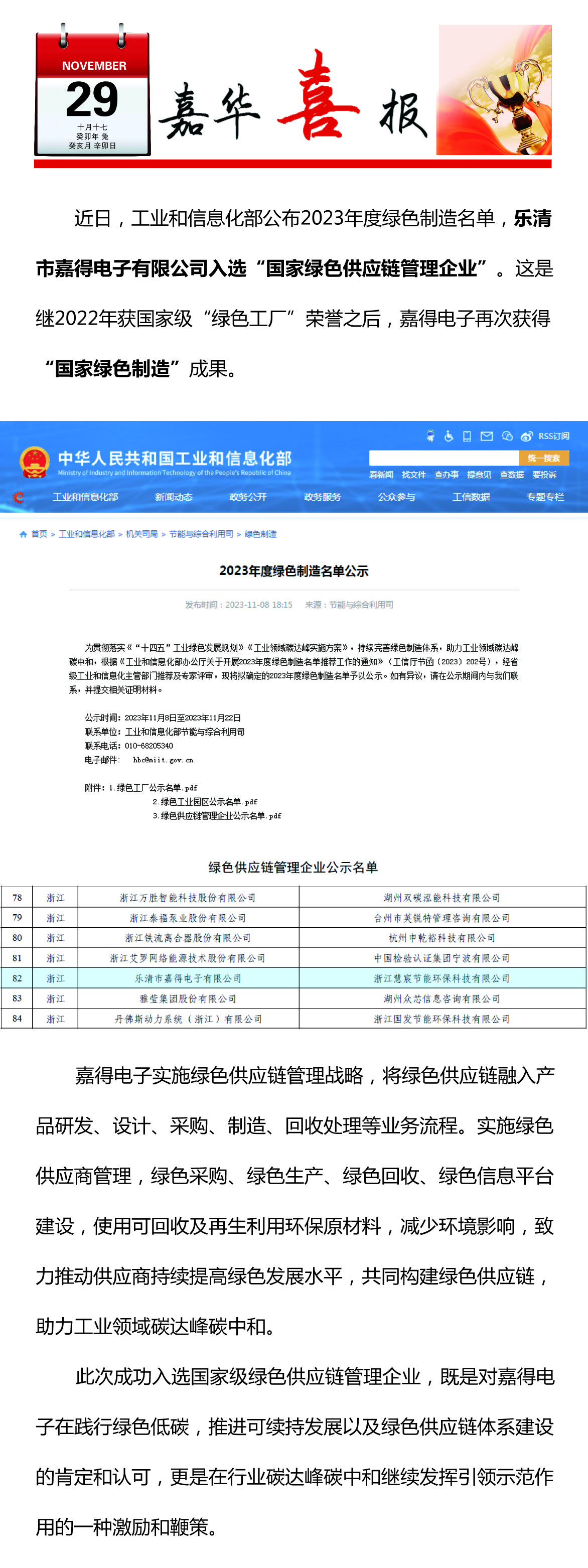 樂清市嘉得電子有限公司入選“國(guó)家綠色供應(yīng)鏈管理企業(yè)”